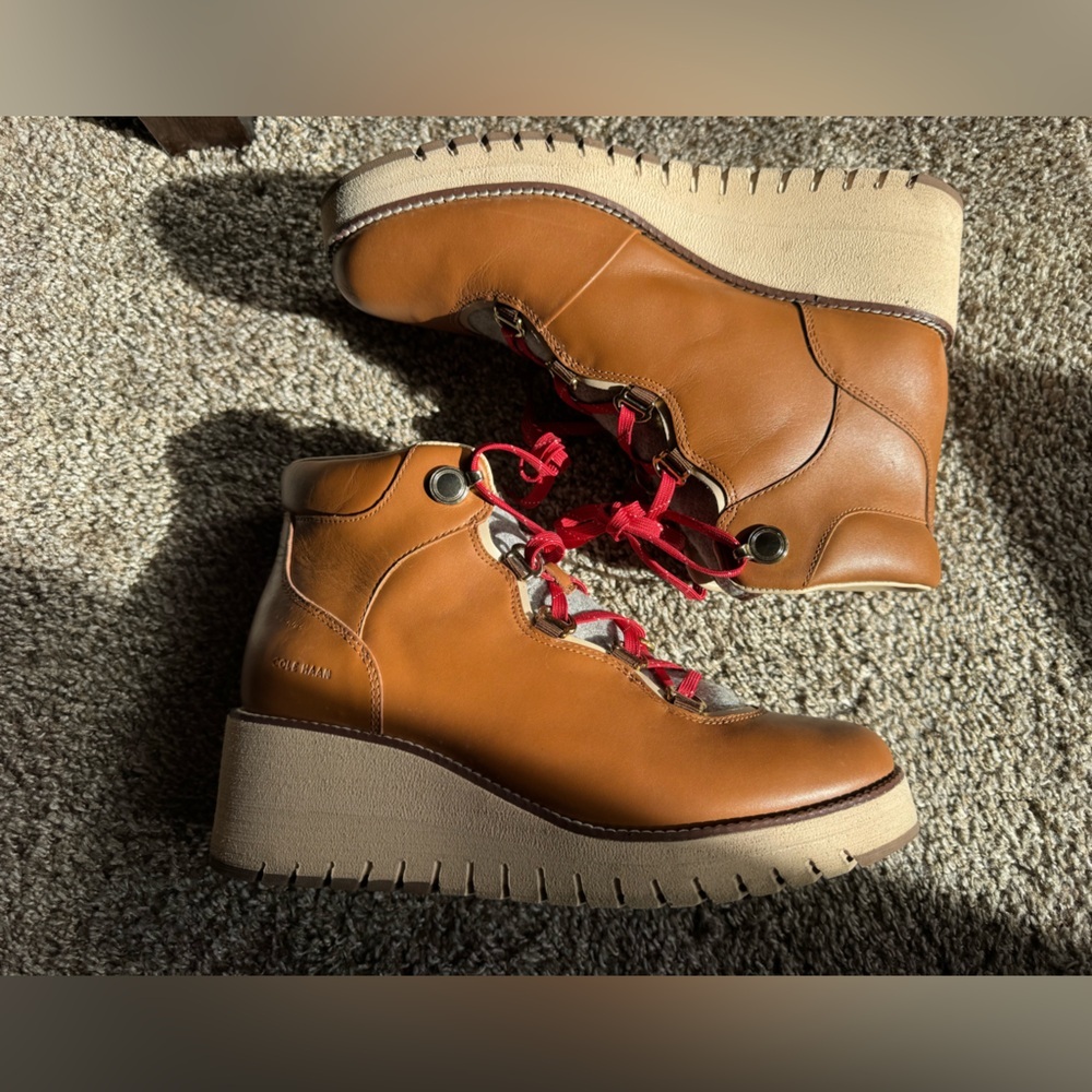 Cole Haan Women's ZeroGrand Waterproof Wedge Hiker Booties Brown Leather - Picture 11 of 13